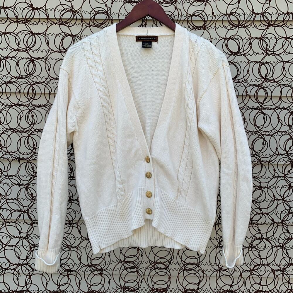 Vintage Yarnworks cable knit cream cardigan sweater granny cottagecore MEDIUM